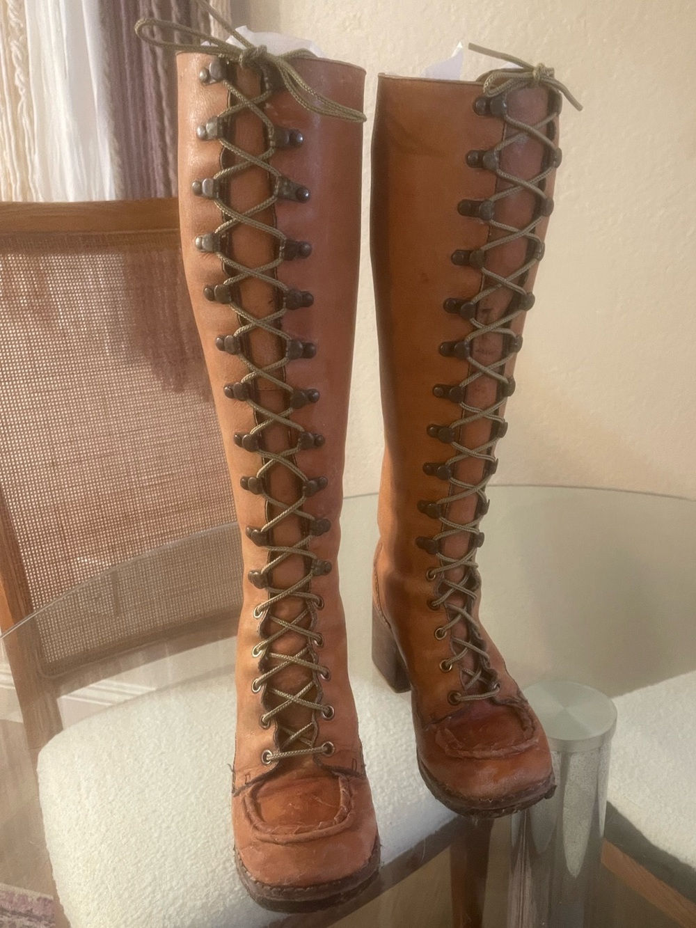 Vintage Brazilian leather knee-high boots. Circa 1970’s lace up 7